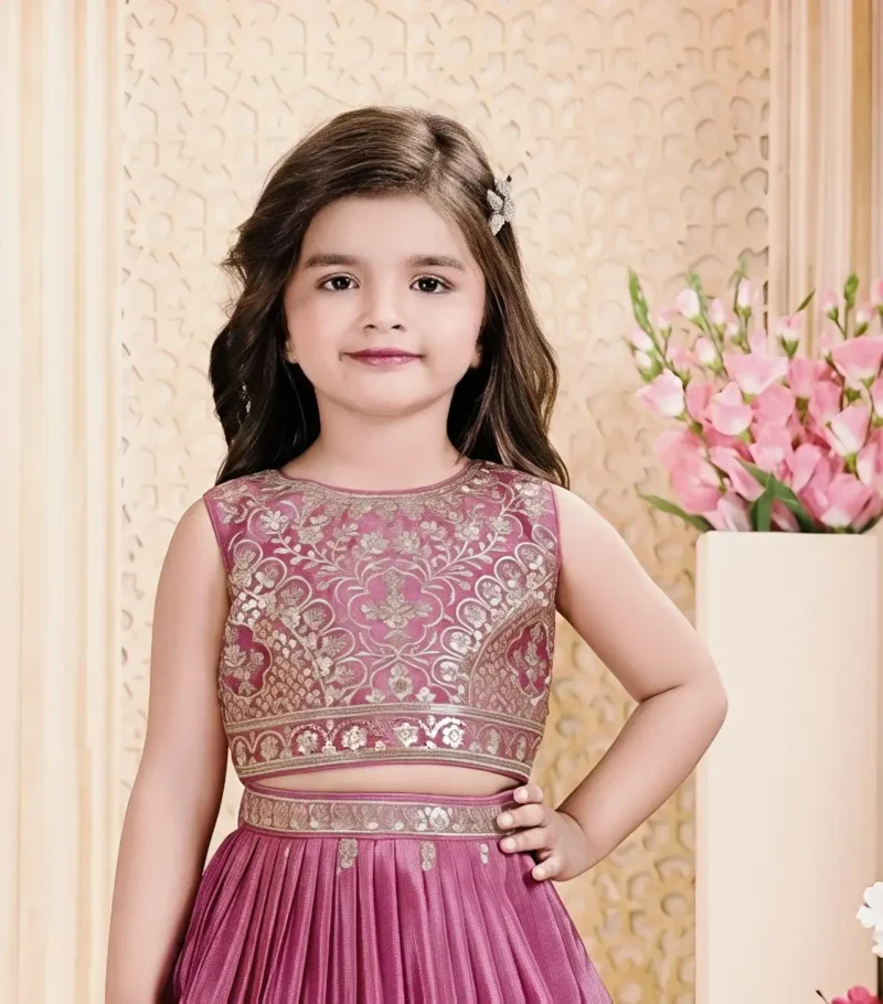 Cadillac Pink Chinon Silk Embroidered Wedding Lehenga For Kids - Image 2