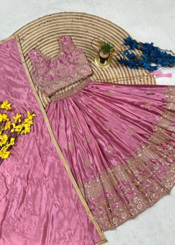 Cadillac Pink Chinon Silk Embroidered Wedding Lehenga For Kids - Image 4