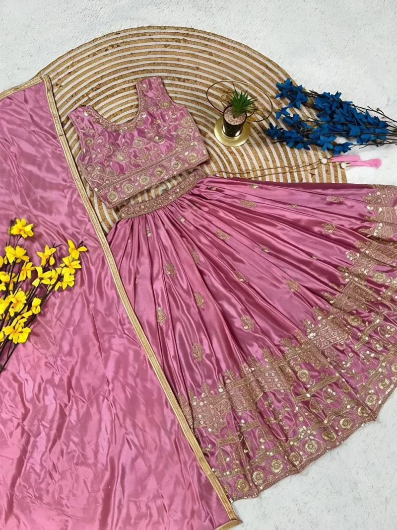 Cadillac Pink Chinon Silk Embroidered Wedding Lehenga For Kids - Image 4