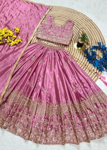 Cadillac Pink Chinon Silk Embroidered Wedding Lehenga For Kids - Image 3