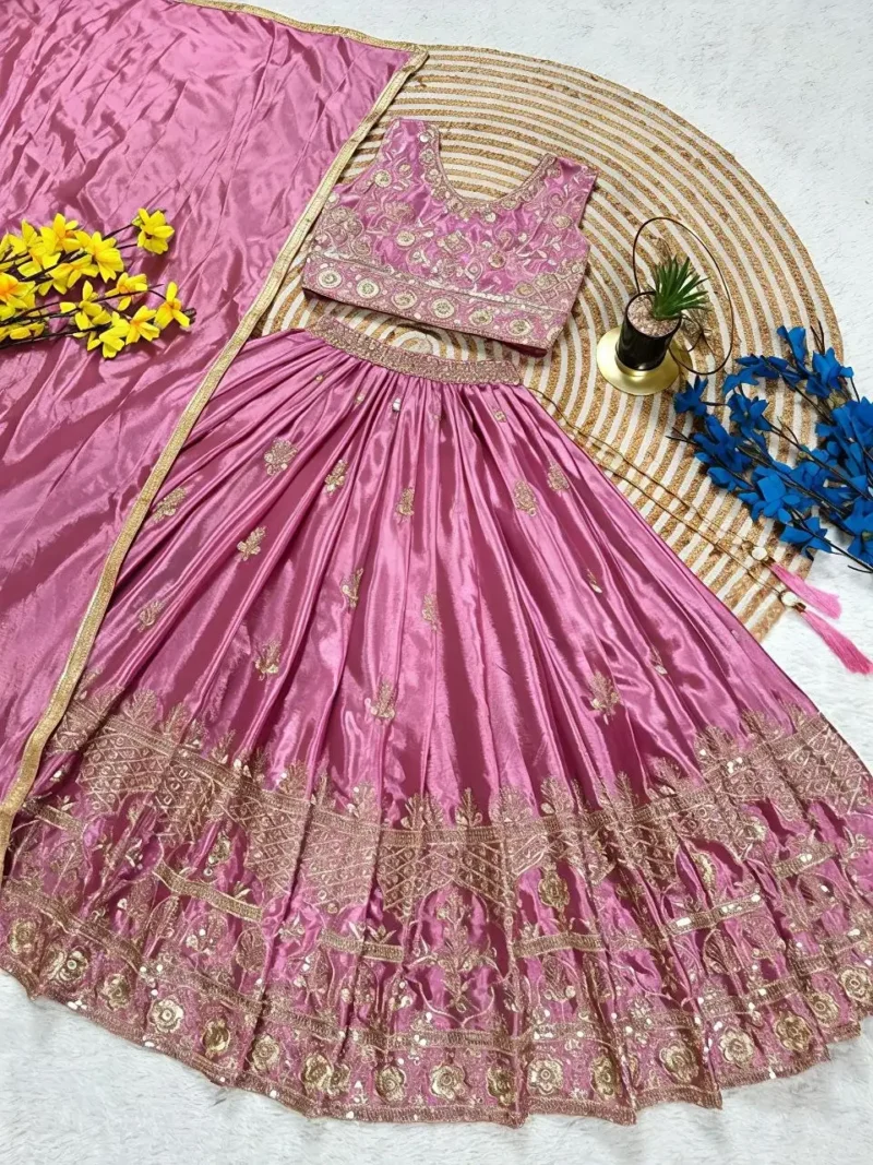 Cadillac Pink Chinon Silk Embroidered Wedding Lehenga For Kids - Image 3