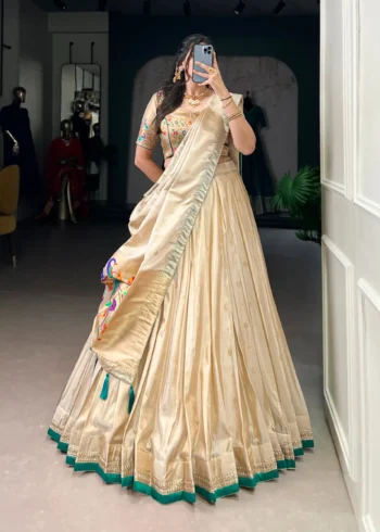 Cream Color Paithani Zari Weaving Marathi Style Lehenga