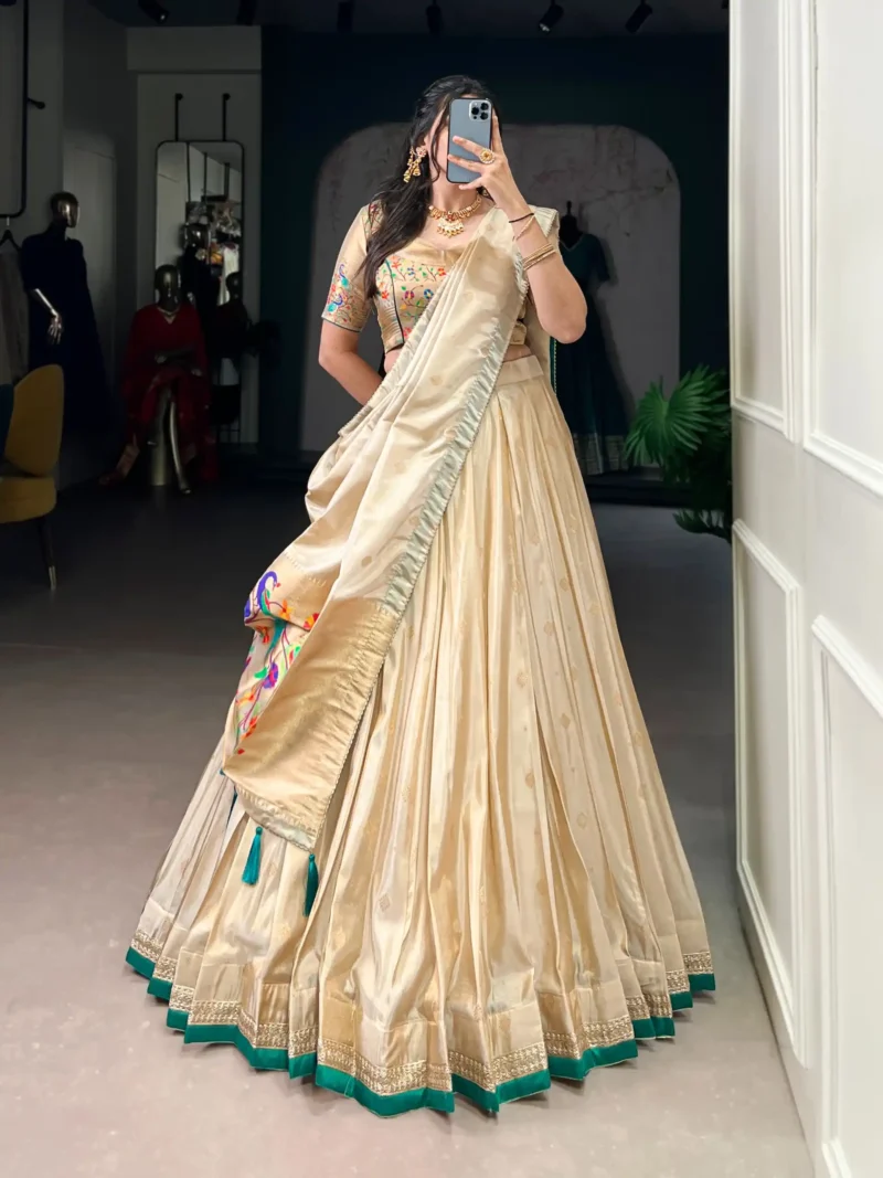 Cream Color Paithani Zari Weaving Marathi Style Lehenga