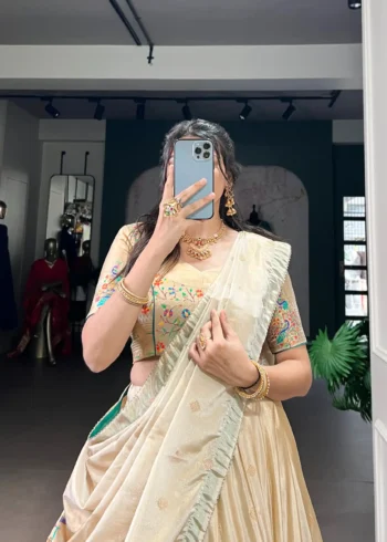 Cream Color Paithani Zari Weaving Marathi Style Lehenga