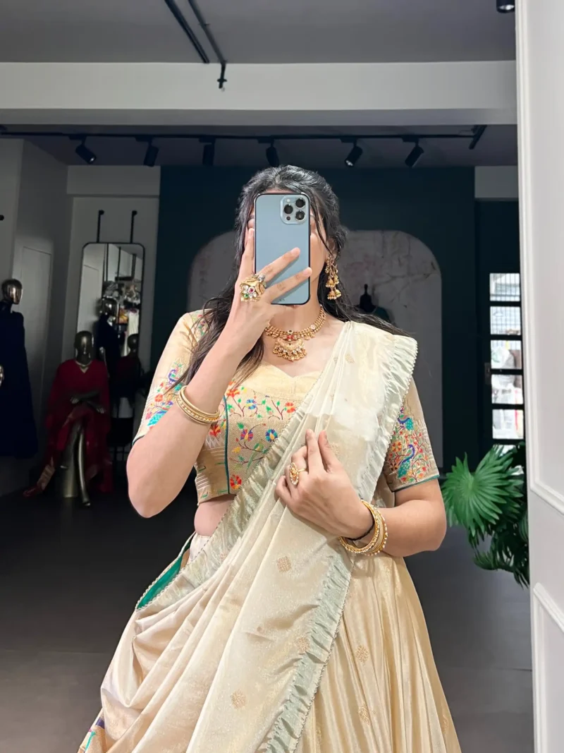 Cream Color Paithani Zari Weaving Marathi Style Lehenga