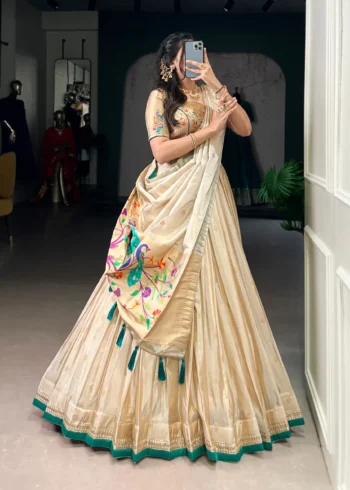 Cream Color Paithani Zari Weaving Marathi Style Lehenga