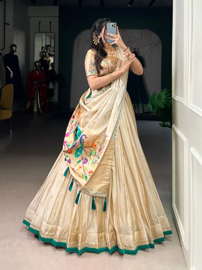 Cream Color Paithani Zari Weaving Marathi Style Lehenga