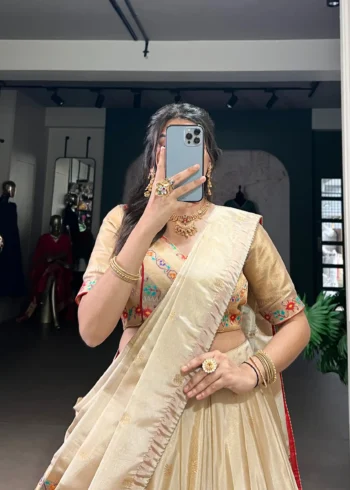 Cream Color Paithani Zari Weaving Marathi Style Lehenga