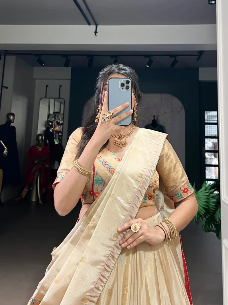 Cream Color Paithani Zari Weaving Marathi Style Lehenga