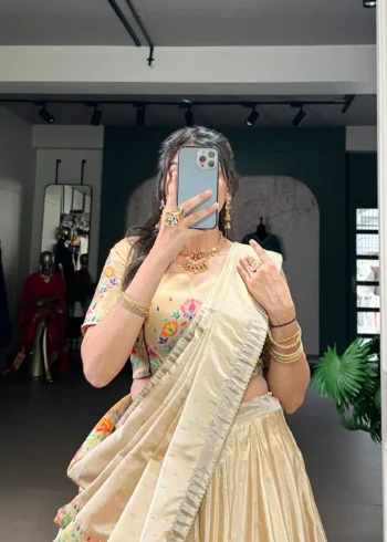 Cream Color Paithani Zari Weaving Marathi Style Lehenga