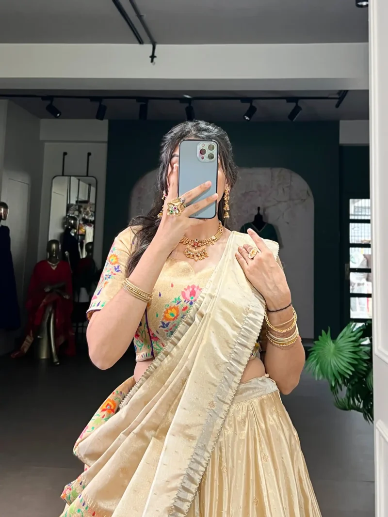 Cream Color Paithani Zari Weaving Marathi Style Lehenga