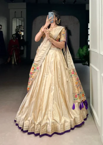 Cream Color Paithani Zari Weaving Marathi Style Lehenga