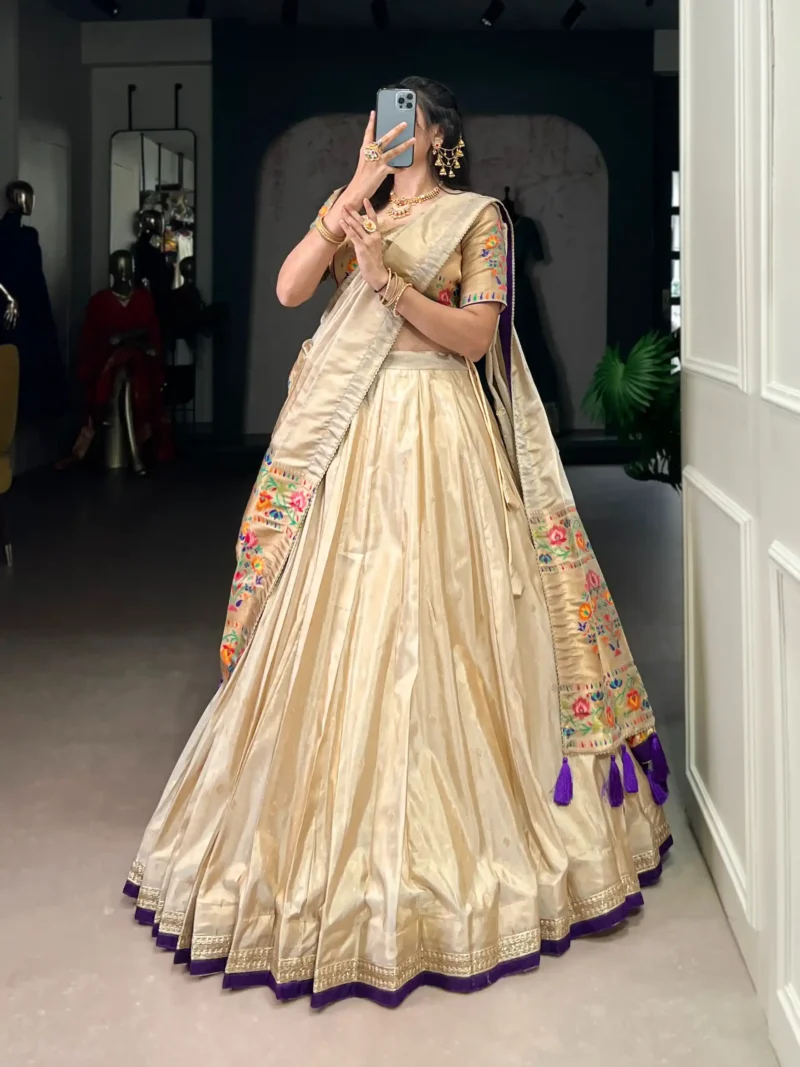 Cream Color Paithani Zari Weaving Marathi Style Lehenga