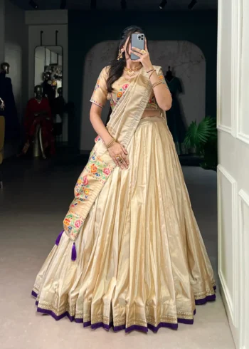 Cream Color Paithani Zari Weaving Marathi Style Lehenga