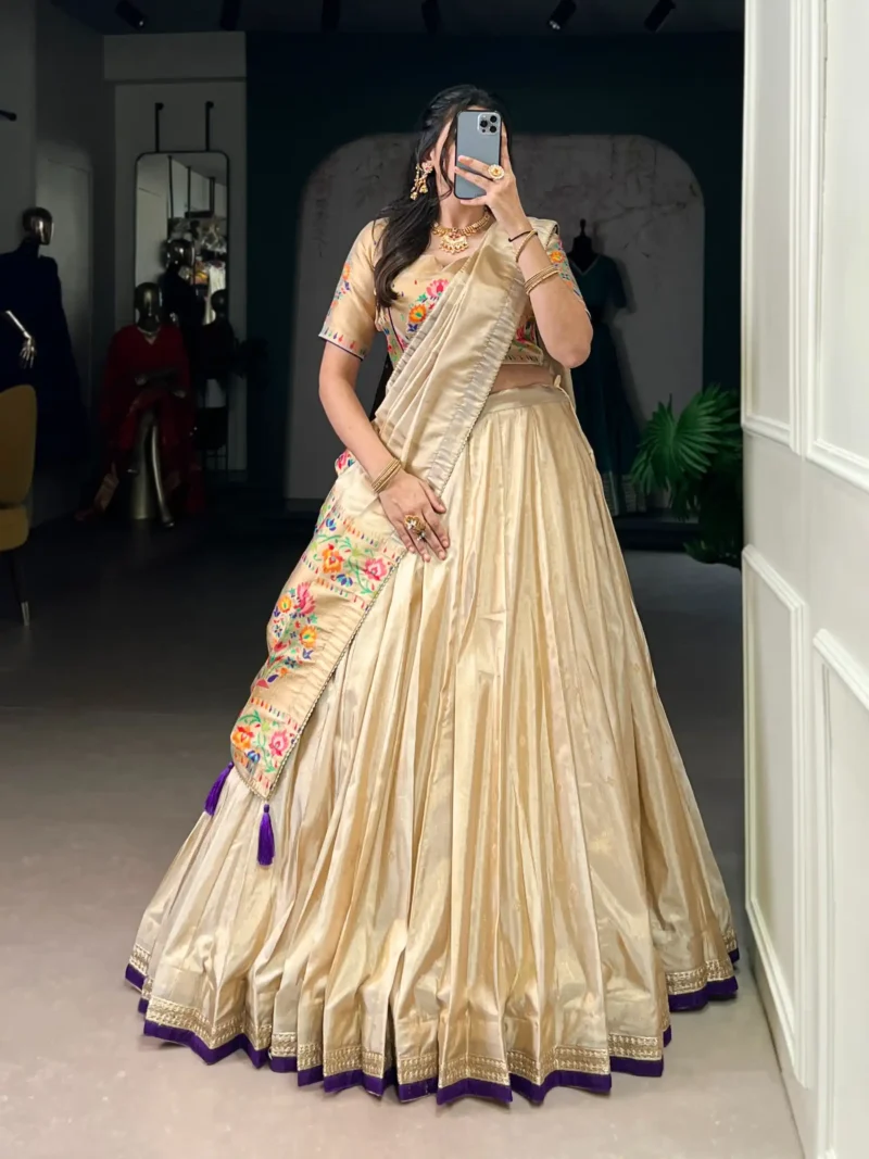 Cream Color Paithani Zari Weaving Marathi Style Lehenga