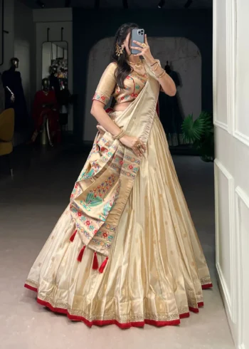 Cream Color Paithani Zari Weaving Marathi Style Lehenga