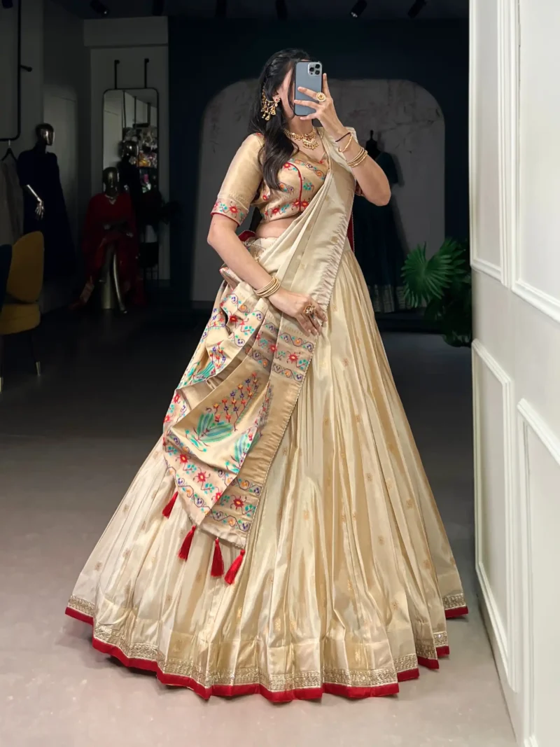 Cream Color Paithani Zari Weaving Marathi Style Lehenga