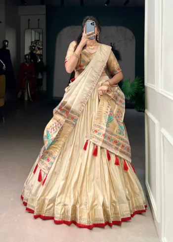 Cream Color Paithani Zari Weaving Marathi Style Lehenga