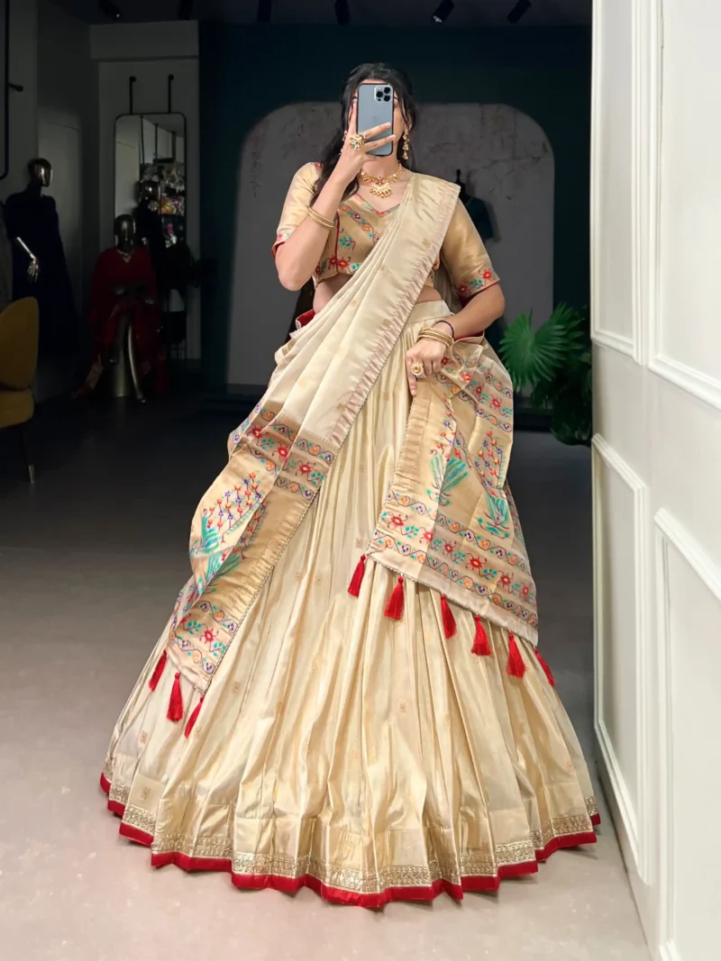 Cream Color Paithani Zari Weaving Marathi Style Lehenga