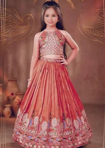 Dark Coral Chinon Silk Designer Wedding Lehenga For Kids