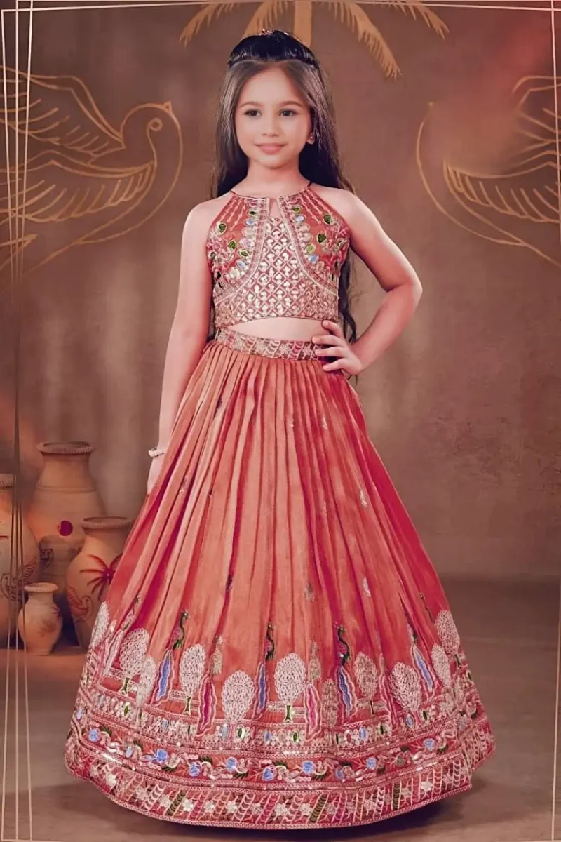 Dark Coral Chinon Silk Designer Wedding Lehenga For Kids