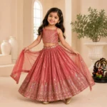 Dark Coral Chinon Silk Designer Wedding Lehenga For Kids