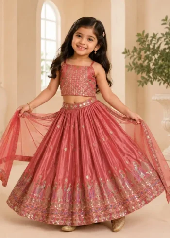 Dark Coral Chinon Silk Designer Wedding Lehenga For Kids