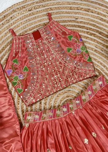 Dark Coral Chinon Silk Designer Wedding Lehenga For Kids