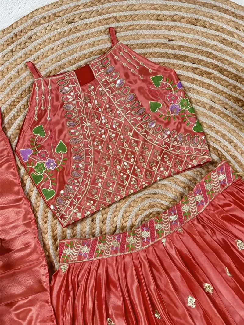 Dark Coral Chinon Silk Designer Wedding Lehenga For Kids