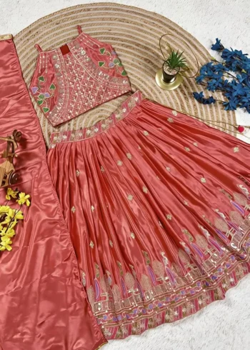 Dark Coral Chinon Silk Designer Wedding Lehenga For Kids