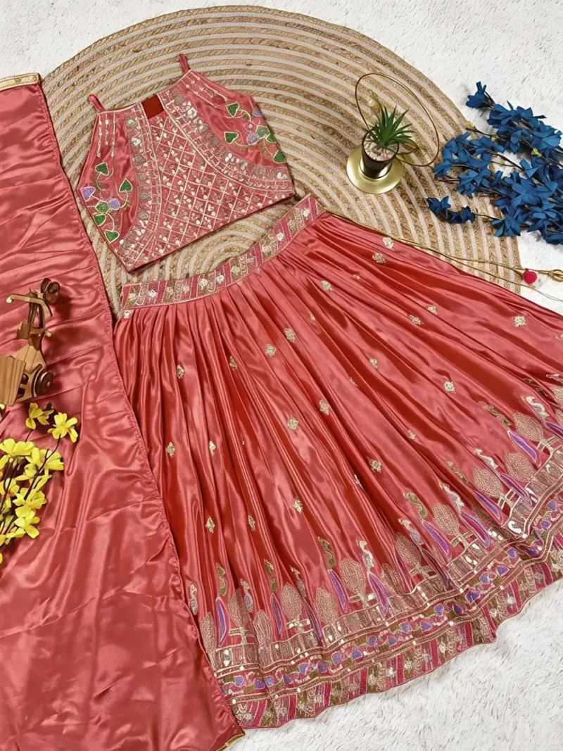 Dark Coral Chinon Silk Designer Wedding Lehenga For Kids