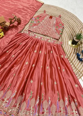 Dark Coral Chinon Silk Designer Wedding Lehenga For Kids