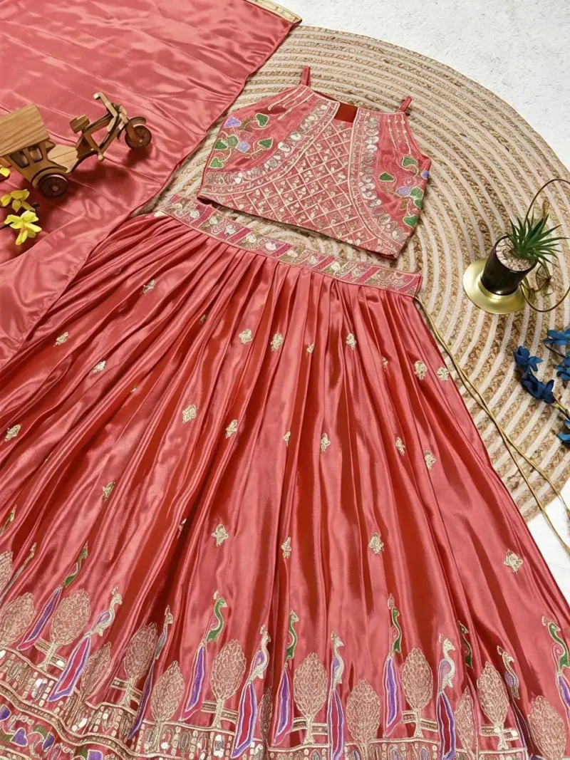 Dark Coral Chinon Silk Designer Wedding Lehenga For Kids