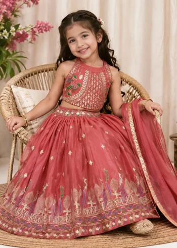 Dark Coral Chinon Silk Designer Wedding Lehenga For Kids