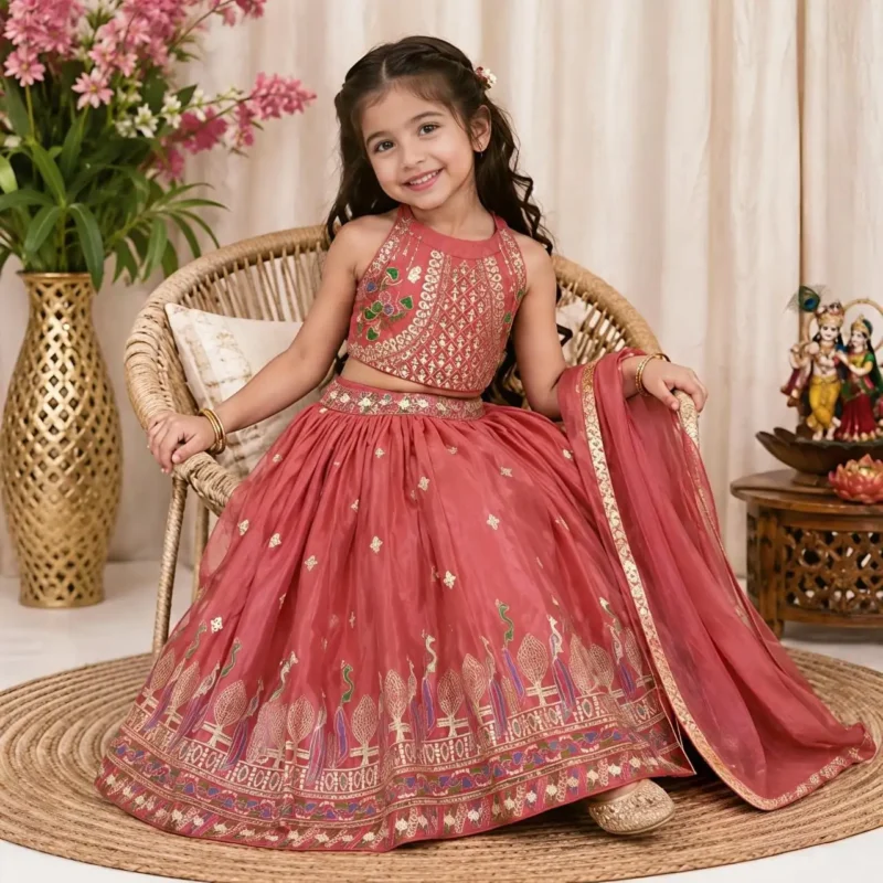 Dark Coral Chinon Silk Designer Wedding Lehenga For Kids