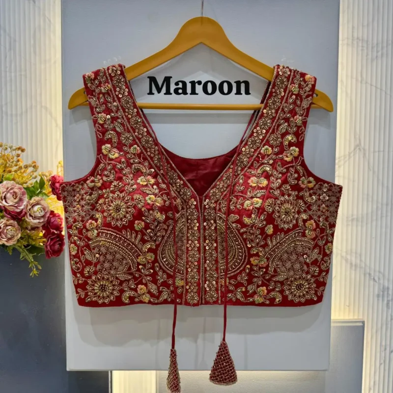 Heavy Codding Sequence Beads Work V Neck Wedding Blouse