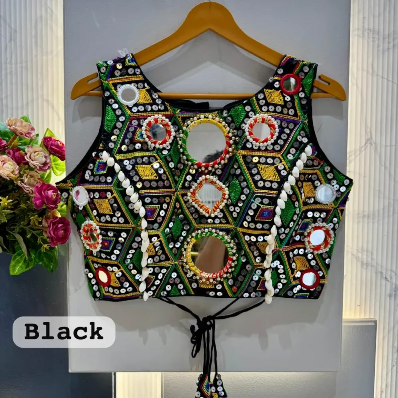 Kaudi Hand Mirror And Traditional Kutchi Work Style Blouse For Navratri