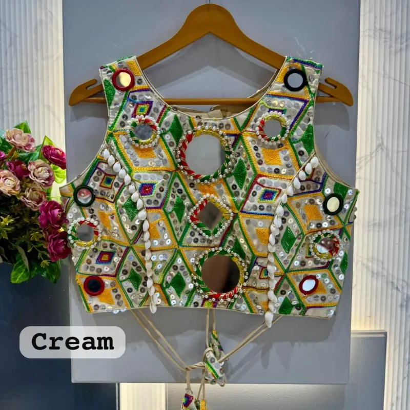 Kaudi Hand Mirror And Traditional Kutchi Work Style Blouse For Navratri
