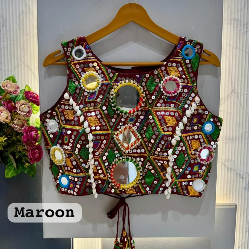 Kaudi Hand Mirror And Traditional Kutchi Work Style Blouse For Navratri