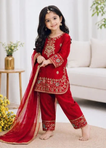 Magenta Red Fendy Silk Designer Wedding Salwar Suit For Kids