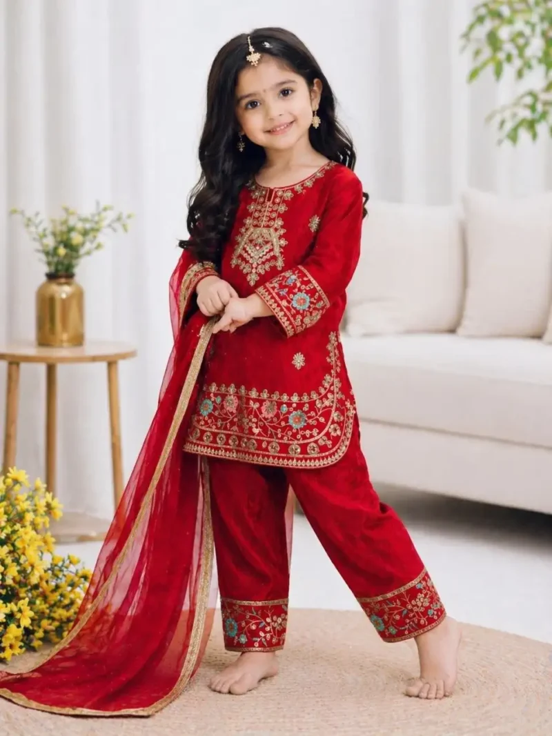 Magenta Red Fendy Silk Designer Wedding Salwar Suit For Kids