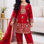 Magenta Red Fendy Silk Designer Wedding Salwar Suit For Kids