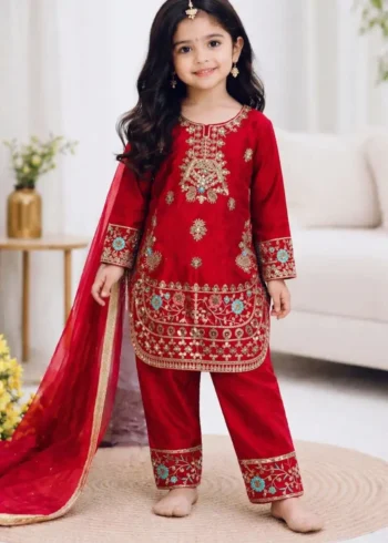 Magenta Red Fendy Silk Designer Wedding Salwar Suit For Kids