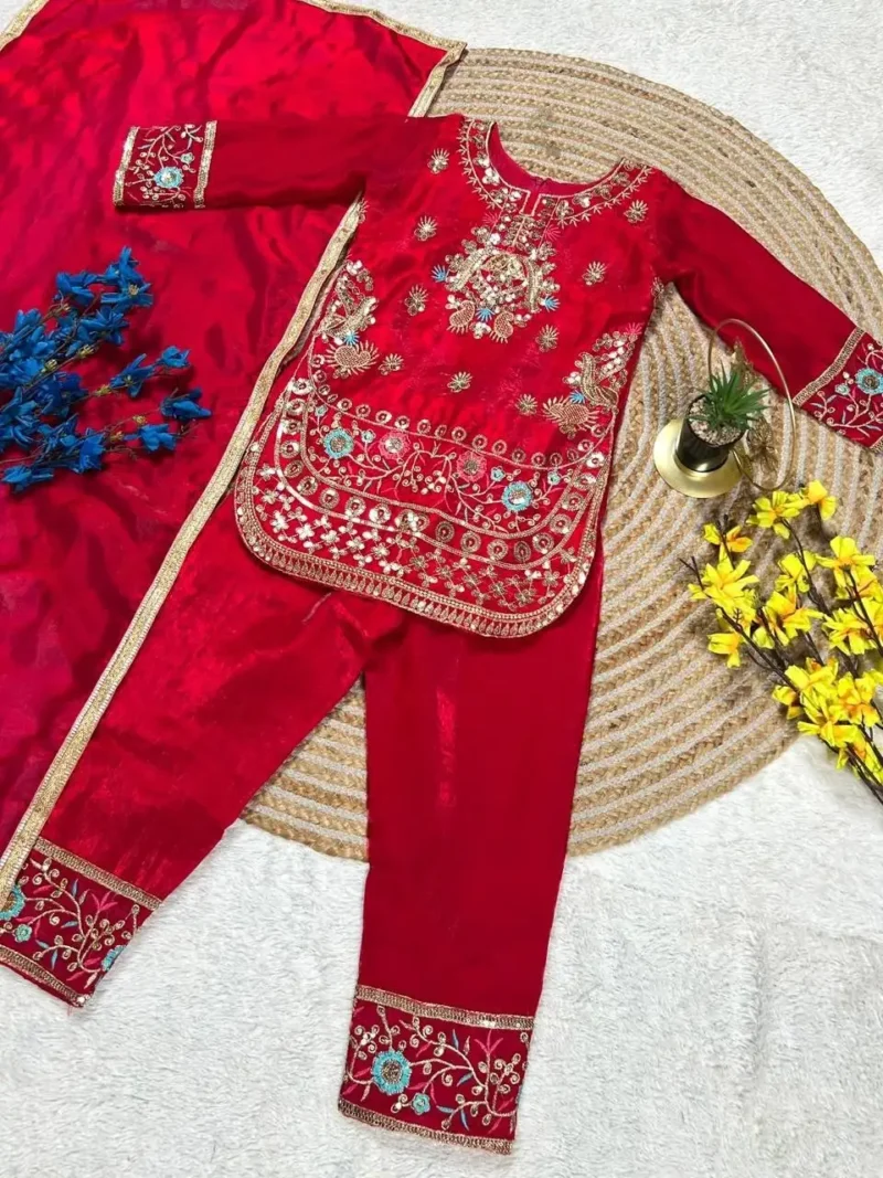 Magenta Red Fendy Silk Designer Wedding Salwar Suit For Kids