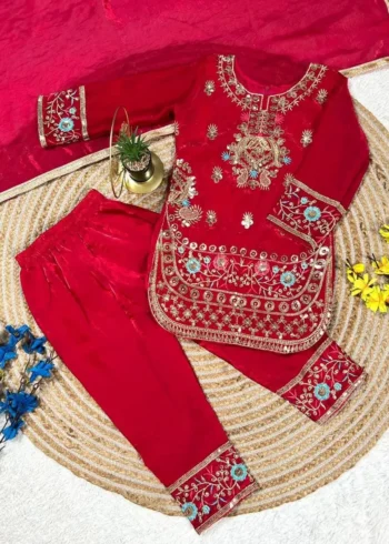 Magenta Red Fendy Silk Designer Wedding Salwar Suit For Kids
