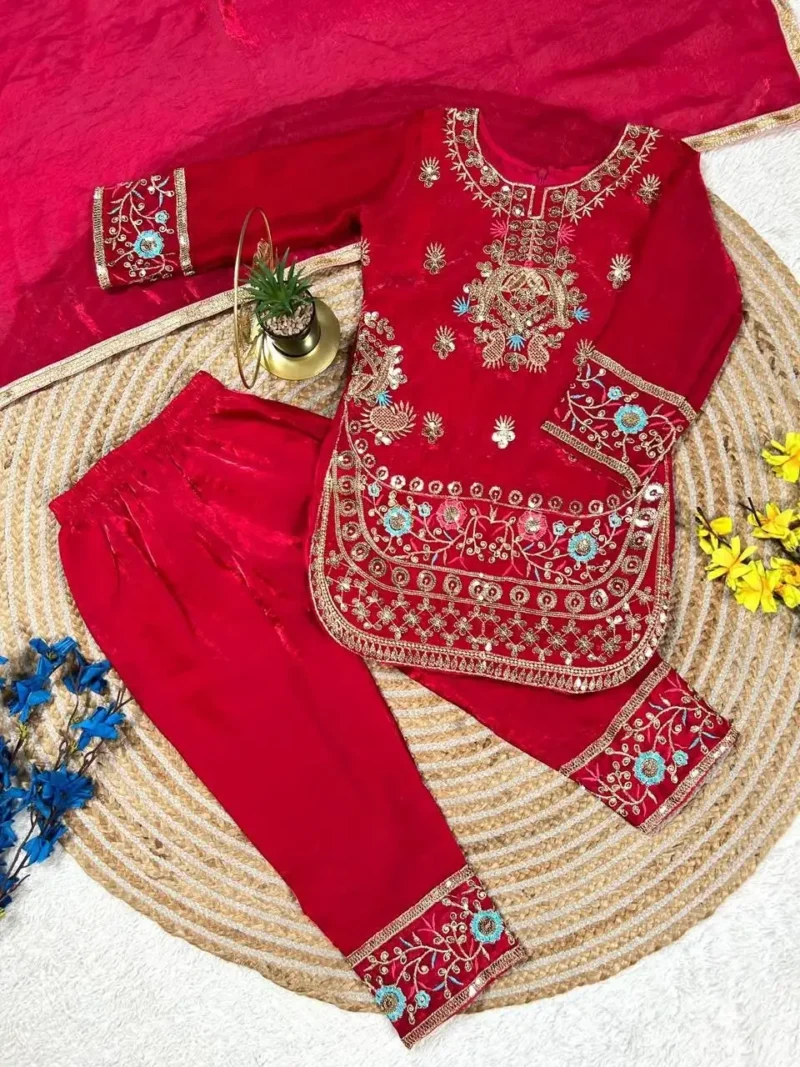 Magenta Red Fendy Silk Designer Wedding Salwar Suit For Kids