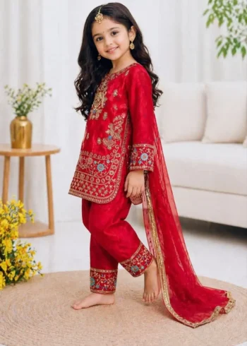 Magenta Red Fendy Silk Designer Wedding Salwar Suit For Kids