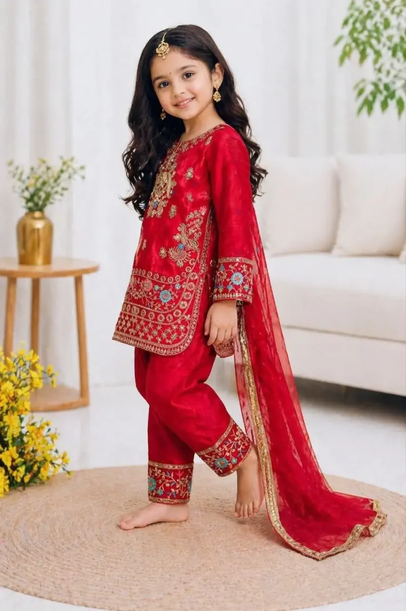Magenta Red Fendy Silk Designer Wedding Salwar Suit For Kids