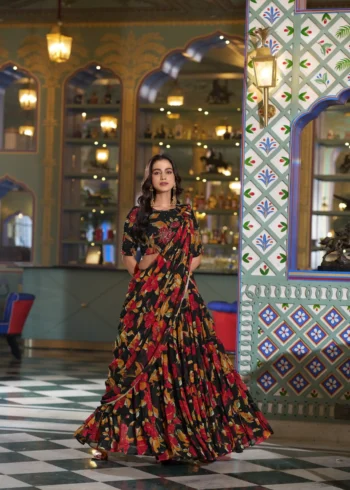 Black Colour Marble Floral Printed Festive Wear Designer Lehenga front look