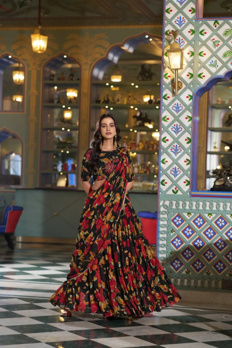 Black Colour Marble Floral Printed Festive Wear Designer Lehenga front look